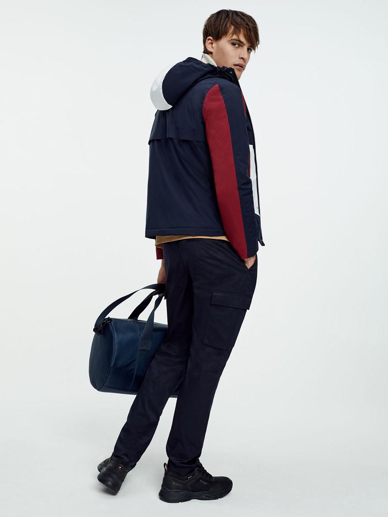 Férfi Tommy Hilfiger Recycled hooded colorblock Kabát Sötétkék Piros Fehér | HU 1199PJJ